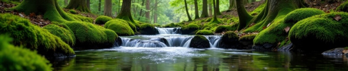 Fototapeta premium slow-moving stream with mossy banks and forest surroundings, nature, trees, moss
