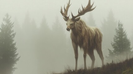 Majestic Wooly Deer In Misty Forest Landscape