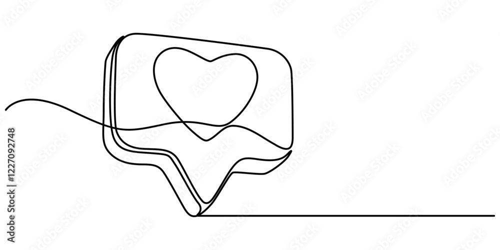 Poster bubble chat with a heart continuous one line drawing, Continuous line speech bubbles drawing.Simple one line bubble chat with a heart .Talk bubbles one line drawing.Speech clouds with a like concept.