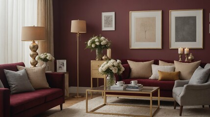 A modern stylish living room with a designer sofa set and photo frames displayed on the wall 3d illustration