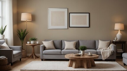 A modern stylish living room with a designer sofa set and photo frames displayed on the wall 3d illustration