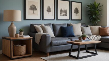 Fototapeta premium A modern stylish living room with a designer sofa set and photo frames displayed on the wall 3d illustration