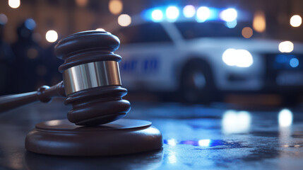 A court gavel with a blurred police vehicle in the background, police corruption and misconduct