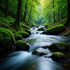 Obraz premium slow-moving stream with mossy banks and forest surroundings, water, peaceful