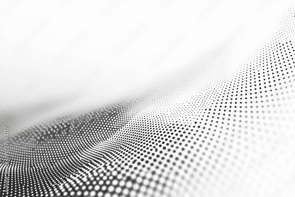 Poster minimalist dot pattern in shades of gray creating a gradient from dense to sparse on white backgroun