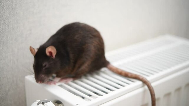 A rat is running on a heating radiator in an apartment