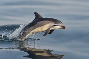 Fototapeta premium Dolphin leaping out of calm ocean waters, showcasing agility and grace against a serene backdrop