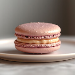 Fototapeta premium Single pink macaron with filling on white plate, simple background