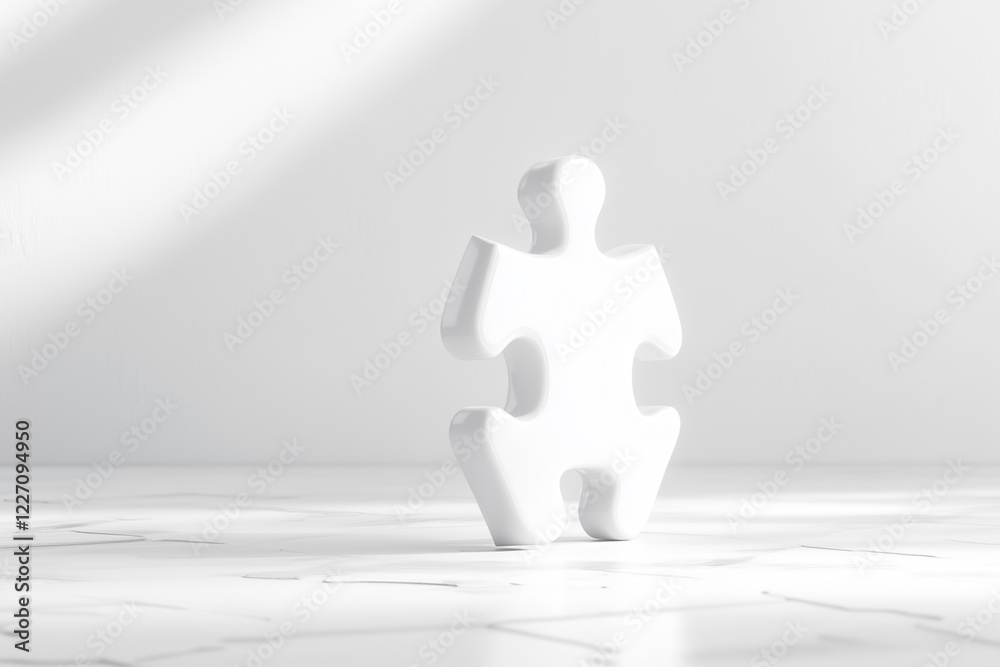 Poster puzzle pieces float mid-air in bright, even light, showcasing minimalism and purity. this visual rep