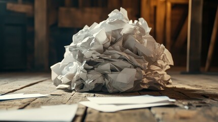 Crumpled Paper Heap on Wooden Floor in Messy Attic Space