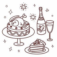 Christmas dinner doodle vector set, holiday hand drawn menu icon collection, champagne, cake, turkey. Festive New Year night beverages, line design elements, gingerbread. Christmas dinner food sketch 