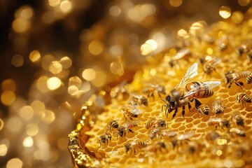 Bees thrive in an open hive with golden honeycomb under a soft, blurred background during warm daylight hours. Generative AI
