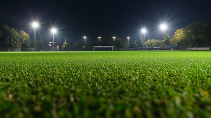 Illuminated empty soccer field at night, the grass takes up most of the image