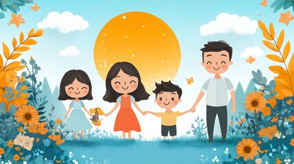 Happy family holding hands walking in a meadow with a big sun at sunset, illustrated cartoon style image