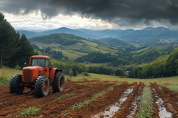 Obraz premium Farmers operating tractors and using tools in fertile fields, preparing for the spring planting season. Fresh green sprouts emerge from the soil, symbolizing growth and renewal.