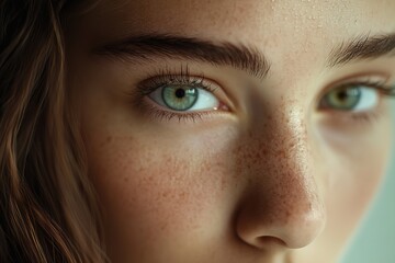 Fototapeta premium Close-up of a young person showcasing expressive green eyes and natural freckles with soft lighting