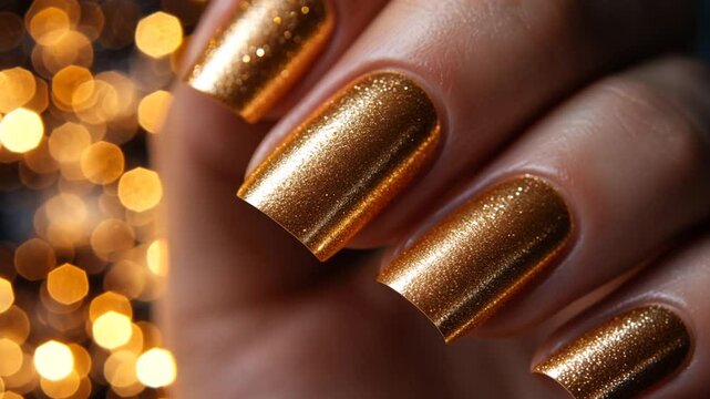 Close-up of sparkling golden nails with a shiny finish.