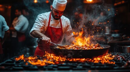 Chef flamb?ing food in a large wok over open flames in a busy kitchen.