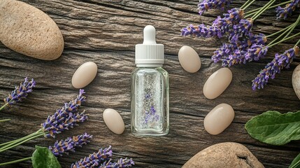 Fototapeta premium A glass bottle of essential oil surrounded by lavender sprigs and smooth pebbles on a rustic wooden surface. The scene has a calming, spa-like tone