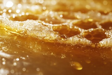 Explore the mesmerizing beauty of honeycomb filled with glistening droplets of honey in stunning detail. Generative AI
