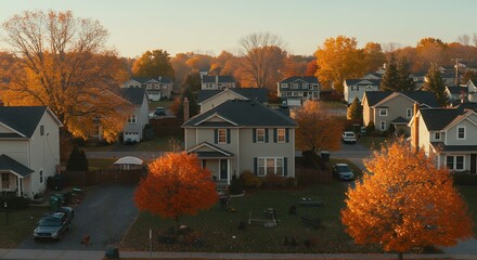 Obraz premium Autumn Suburb Aerial View Golden Hour Homescape