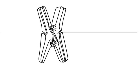 Wooden clothespin icon continuous one line drawing, illustration of clothespin one continuous line art. line, simple, hand drawn and sketch style. for icon, symbol, sign or logo, Clothesline with pin.