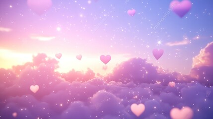 Naklejka premium Pink hearts floating sunset sky cloudscape, dreamy background