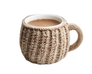 cozy knitted mug filled with hot cocoa, perfect for chilly days. This warm drink evokes comfort and relaxation, ideal for enjoying at home