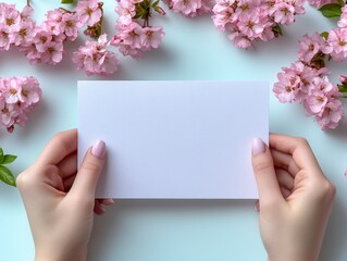 Obraz premium Hands holding blank card, spring blossoms, pastel background, invitation mockup