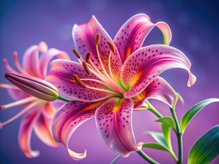 Fototapeta premium Intricate pink tiger lily, close-up, bokeh lilac backdrop.