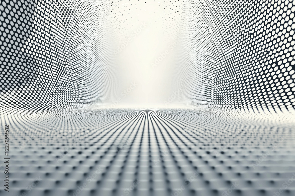 Poster minimalist dot pattern creating a gradient effect on light gray background in structured symmetrical