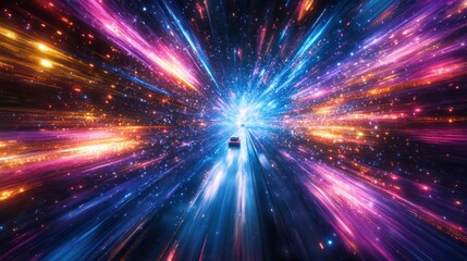 Naklejka premium Car speeding through vibrant nebula, cosmic background, futuristic travel