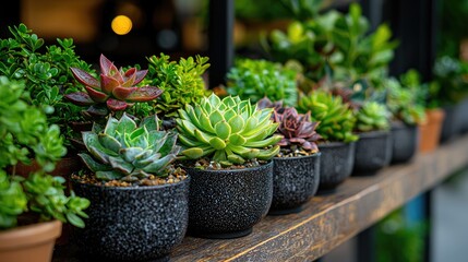 Succulents in pots on a shelf, cafe background. Home decor, gardening