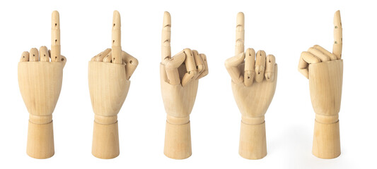 Set  of wooden hands of mannequins  for drawing showing different gestures isolated on white background.