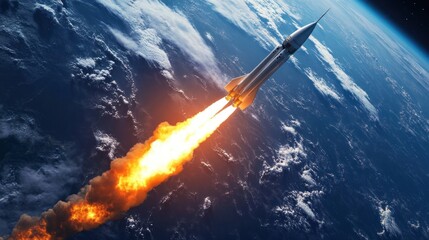 Obraz premium Rocket launch, Earth orbit, fiery trail, space exploration