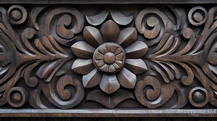 Detailed wooden carving with floral and scroll motifs offers vintage design aesthetic