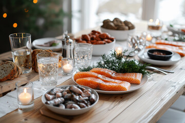 Scandinavian seafood table with smoked salmon, herring, and aquavit in a minimalist setting