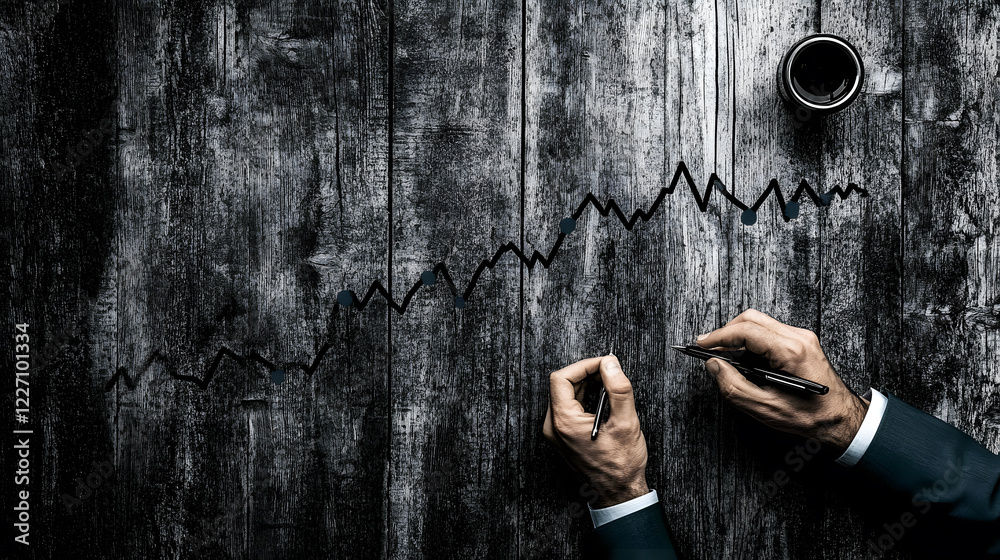 Aufkleber Analyzing financial trends with hands-on graphs office setting business insights professional environment top-down view data interpretation