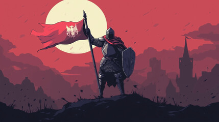 A knight holding a banner with the emblem of their kingdom, rallying troops, computer game, pixel art style