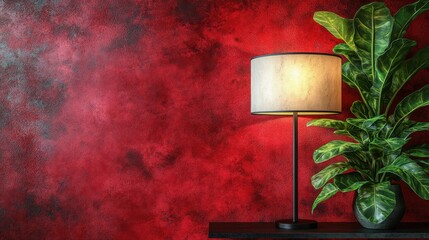Red wall, table lamp, plant, dark interior, home decor