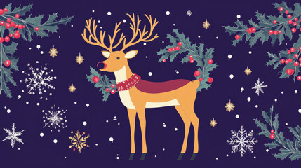 Merry Christmas happy holidays wish for greeting card of Santa deer or reindeer on purple background. Vector Xmas decorations and holly wreath ornament with snowflakes on Christmas tree