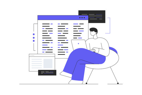 Backend development coding and programming. Programmer and engineering write code. Software developer. Flat Cartoon Vector Illustration, icon. Stylish abstract  