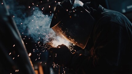 A close-up of a welder in protective gear, surrounded by sparks and metal beams, Welding workshop scene