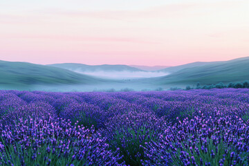 Fototapeta premium Misty morning in a vast lavender field reveals tranquil hills under a pastel sky