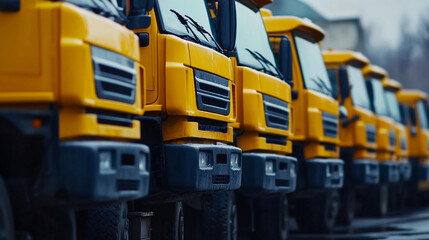 a row of yellow dump trucks parked next to each other
