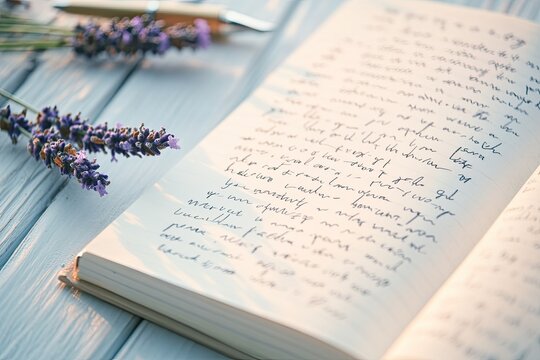 close-up of journal page with handwritten affirmations next to pen and sprig of lavender