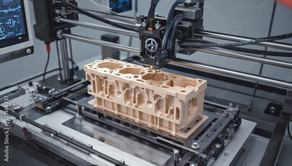 Poster automated industrial 3d printer is creating an engine block from innovative composite material in a 