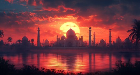 Sunset Behind Silhouette of Domed Buildings and Minarets Reflecting Over Water

