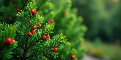 Small evergreen juniper tree with red berries, shrub, foliage