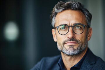 composed investor wearing elegant glasses observing ongoing bid war with measured patience with copy space